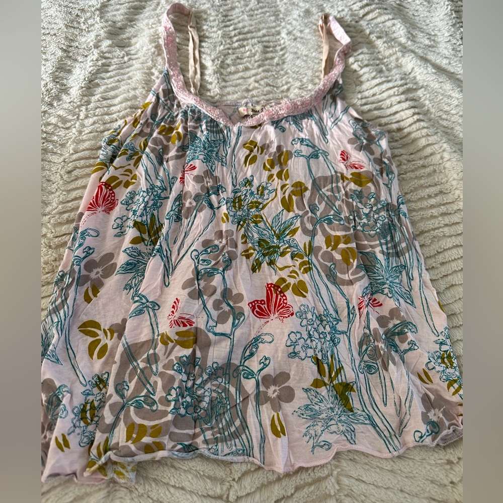 Free people light pink floral sleeveless top with beaded neckline